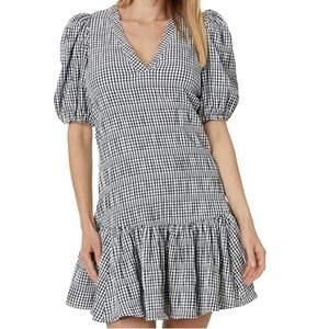 Calvin Klein Size 8 Gingham Black and White Drop Waist Mini Dress Puff Sleeves